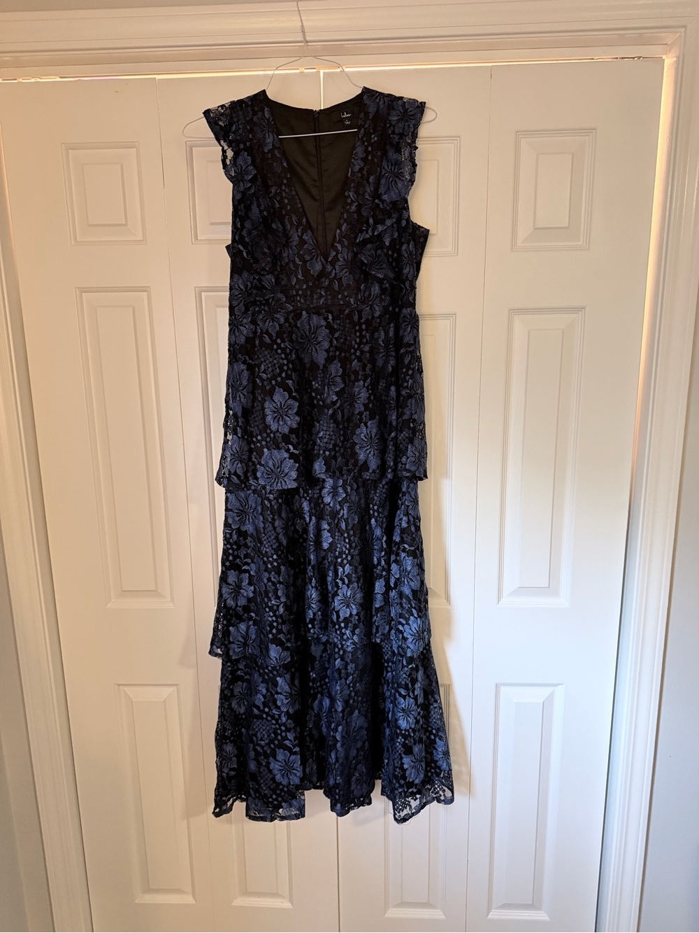 Lulus Navy Blue Floral Lace Tiered Dress